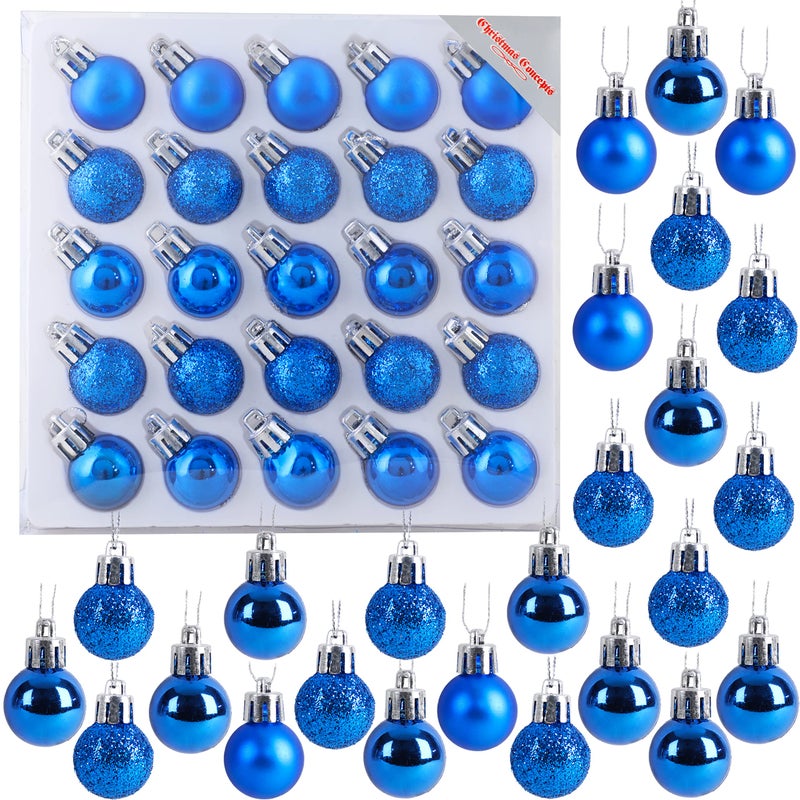 Christmas ConceptsÂ® Pack of 25-25mm Mini Christmas Tree Baubles - Shiny, Matte & Glitter Decorated Ornaments (Blue) - Image 1